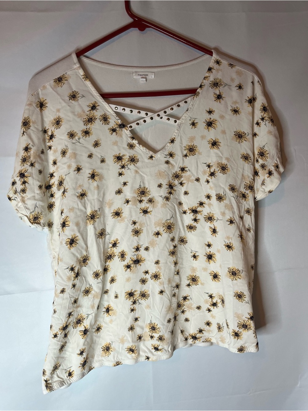 Maurices Cream V-Neck Short Sleeve Top with Yellow Sunflower Floral Print